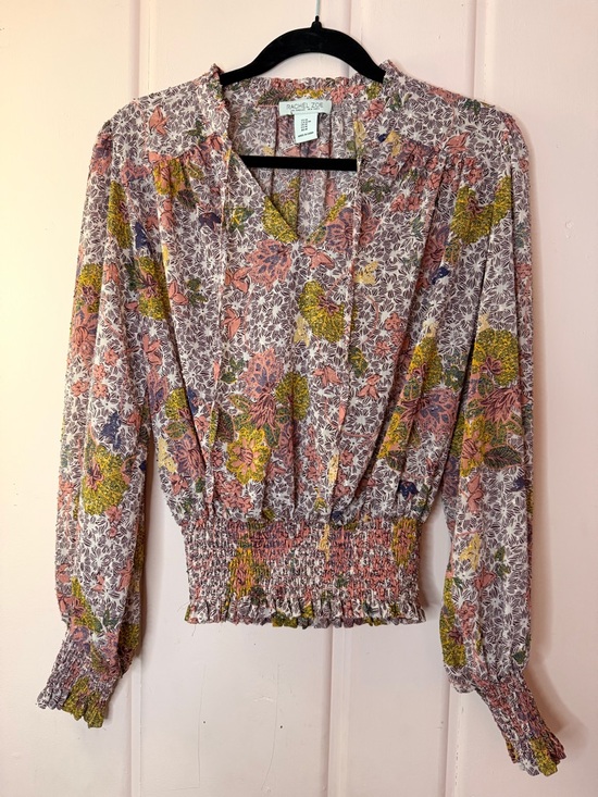 Rachel Zoe Tops - Rachel Zoe Pink Floral Smocked Waist Long-Sleeve Top Sz medium